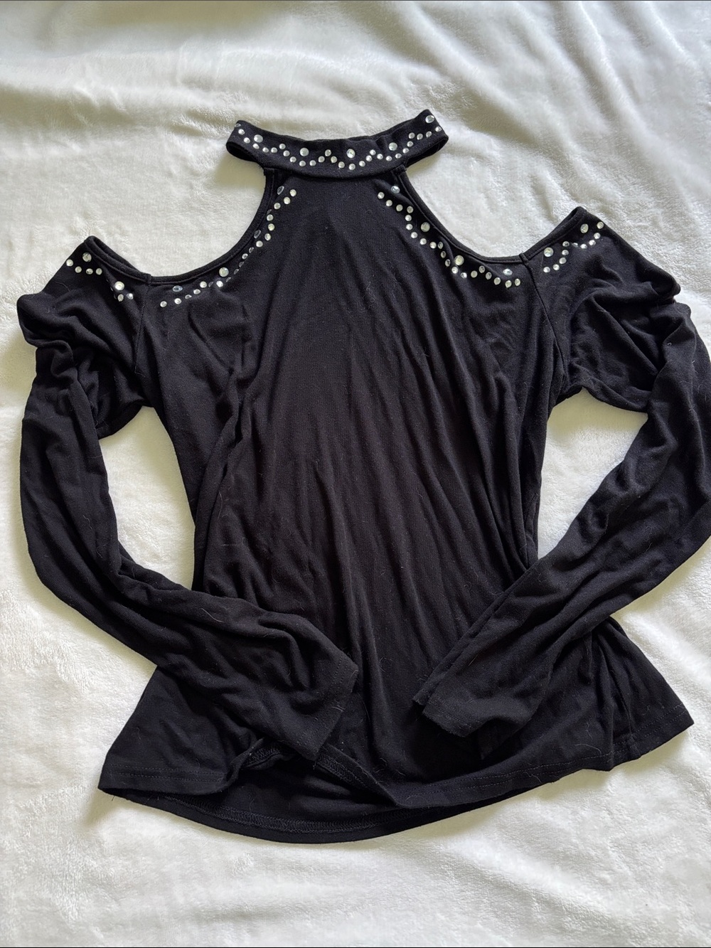 Women's Black Cold-Shoulder Studded Long Sleeve Top